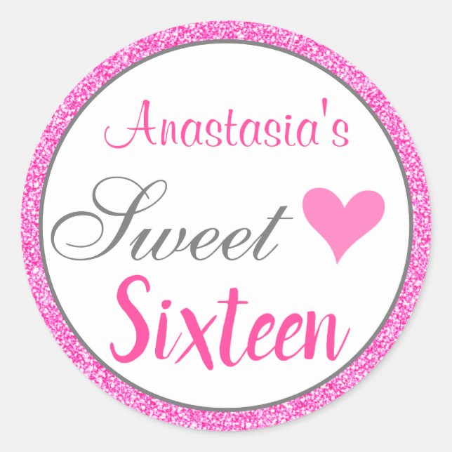 Girly Glam Princess Hot Pink Glitter Sweet Sixteen Classic Round Sticker (Front)