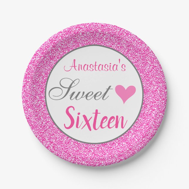 Girly Glam Princess Hot Pink Glitter Sweet Sixteen Paper Plate (Front)