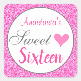 Girly Glam Princess Hot Pink Glitter Sweet Sixteen Square Sticker