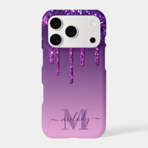 Girly Glam Purple Faux Glitter Drips Monogram