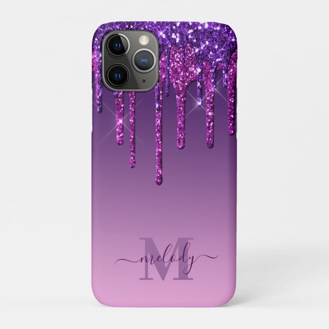 Girly Glam Purple Faux Glitter Drips Monogram Case-Mate iPhone Case (Back)
