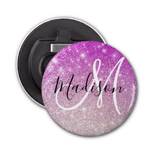 Girly & Glam Purple Glitter Sparkles Monogram Name Bottle Opener (Front)