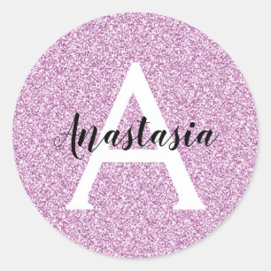Girly Glam Purple Glitter Sparkles Monogram Name Classic Round Sticker