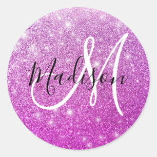 Girly & Glam Purple Glitter Sparkles Monogram Name Classic Round Sticker