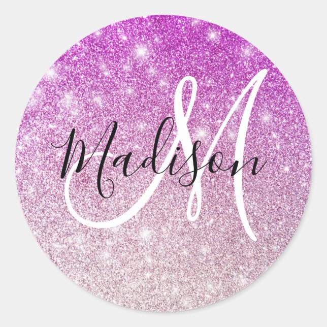 Girly & Glam Purple Glitter Sparkles Monogram Name Classic Round Sticker (Front)