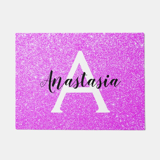 Girly Glam Purple Glitter Sparkles Monogram Name Doormat (Front)