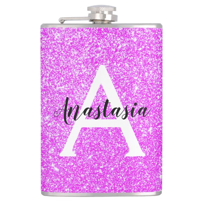 Girly Glam Purple Glitter Sparkles Monogram Name Hip Flask (Front)