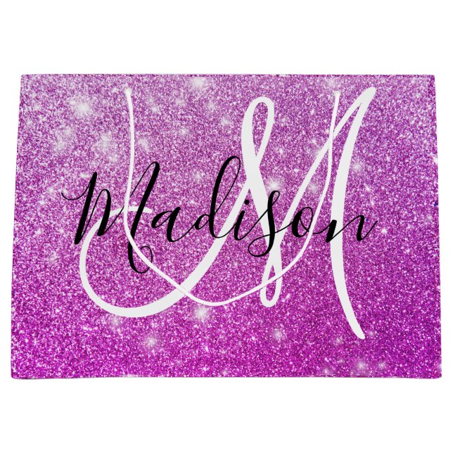 Girly & Glam Purple Glitter Sparkles Monogram Name Large Gift Bag (Front)