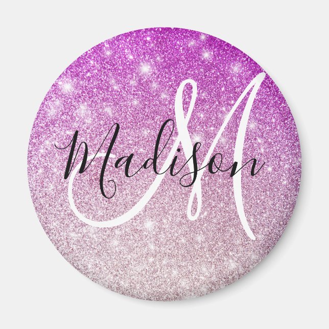 Girly & Glam Purple Glitter Sparkles Monogram Name Magnet (Front)