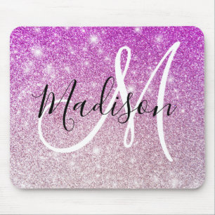 Girly & Glam Purple Glitter Sparkles Monogram Name Mouse Pad