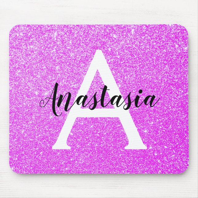 Girly Glam Purple Glitter Sparkles Monogram Name Mouse Pad (Front)