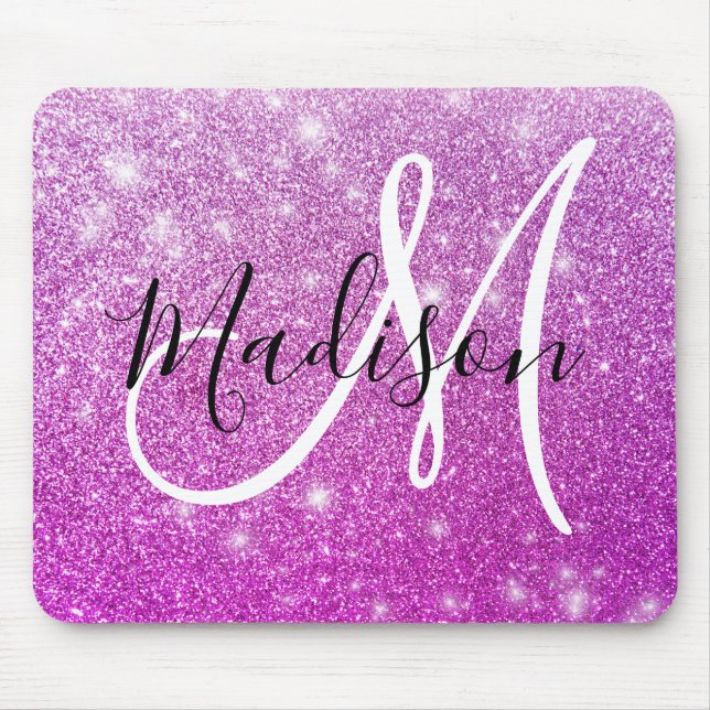 Girly & Glam Purple Glitter Sparkles Monogram Name Mouse Pad (Front)
