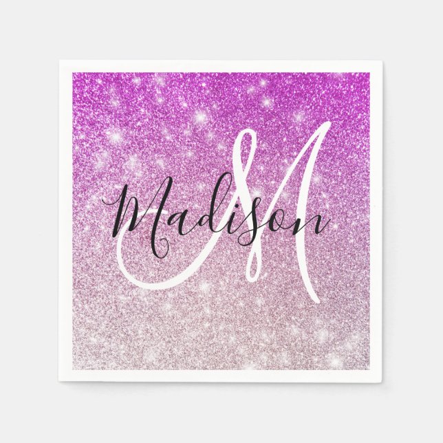 Girly & Glam Purple Glitter Sparkles Monogram Name Napkin (Front)