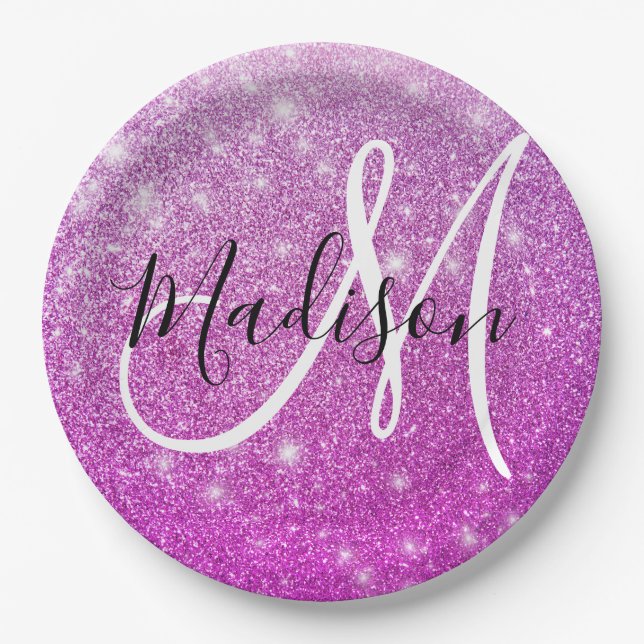 Girly & Glam Purple Glitter Sparkles Monogram Name Paper Plate (Front)