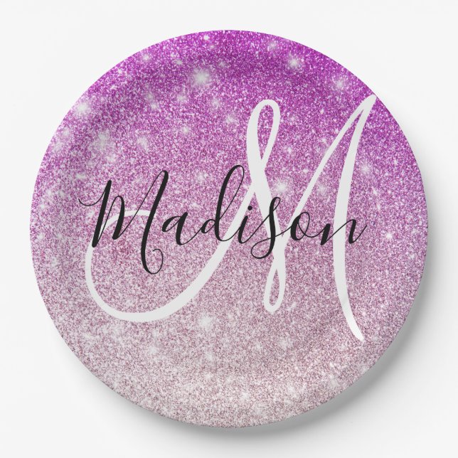 Girly & Glam Purple Glitter Sparkles Monogram Name Paper Plate (Front)