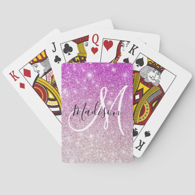 Girly & Glam Purple Glitter Sparkles Monogram Name Playing Cards (Back)