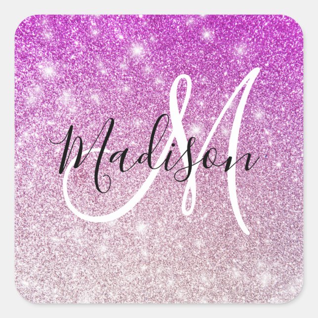 Girly & Glam Purple Glitter Sparkles Monogram Name Square Sticker (Front)