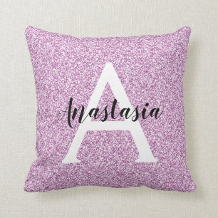 Girly Glam Purple Glitter Sparkles Monogram Name Throw Pillow