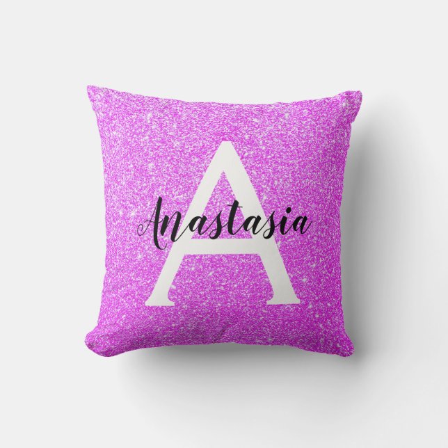 Girly Glam Purple Glitter Sparkles Monogram Name Throw Pillow (Front)
