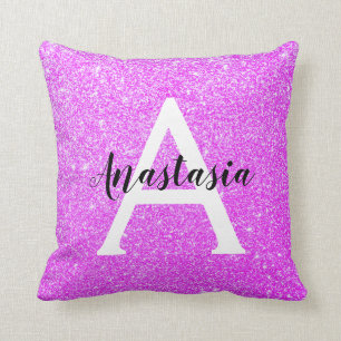 Girly Glam Purple Glitter Sparkles Monogram Name Throw Pillow