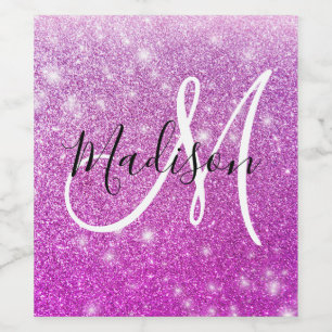 Girly & Glam Purple Glitter Sparkles Monogram Name Wine Label