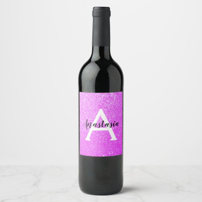 Girly Glam Purple Glitter Sparkles Monogram Name Wine Label (Front)