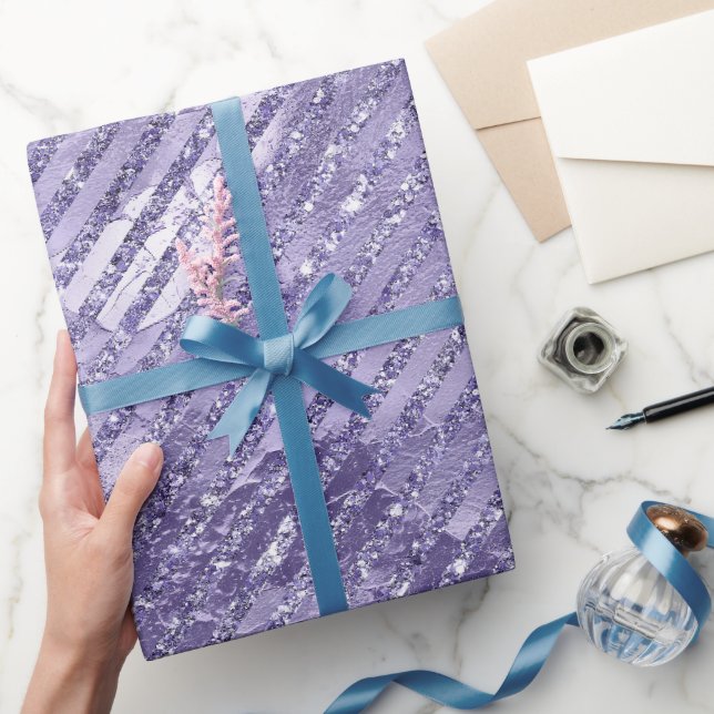 Girly Glam Purple Glitter Stripes Birthday Wrapping Paper (Gifting)