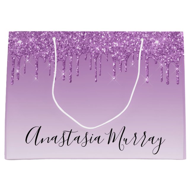 Girly & Glam Purple Lilac Glitter Drips Name Large Gift Bag (Front)