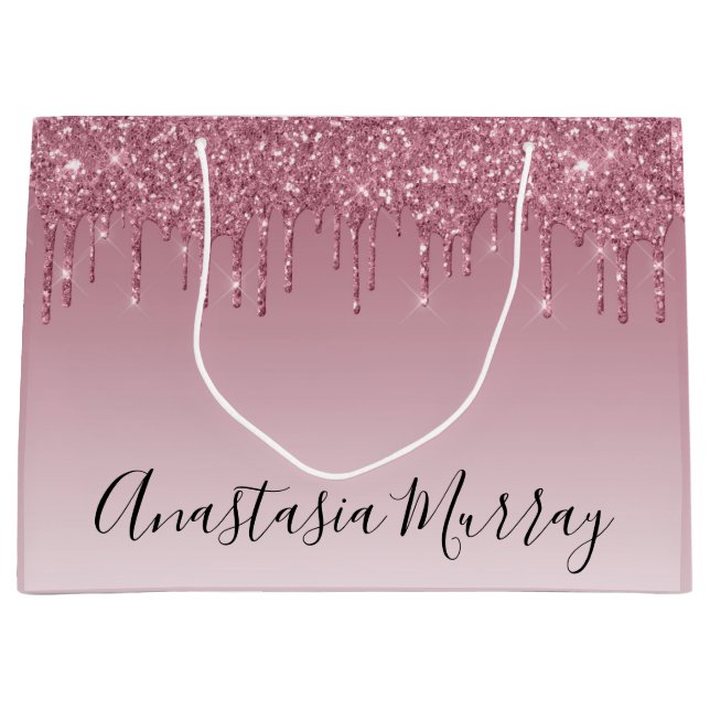 Girly & Glam Purple Rose Gold Glitter Drips Name Large Gift Bag (Front)