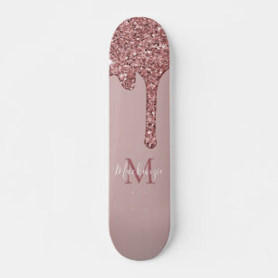 Girly Glam Rose Gold Dripping Glitter Monogram Skateboard