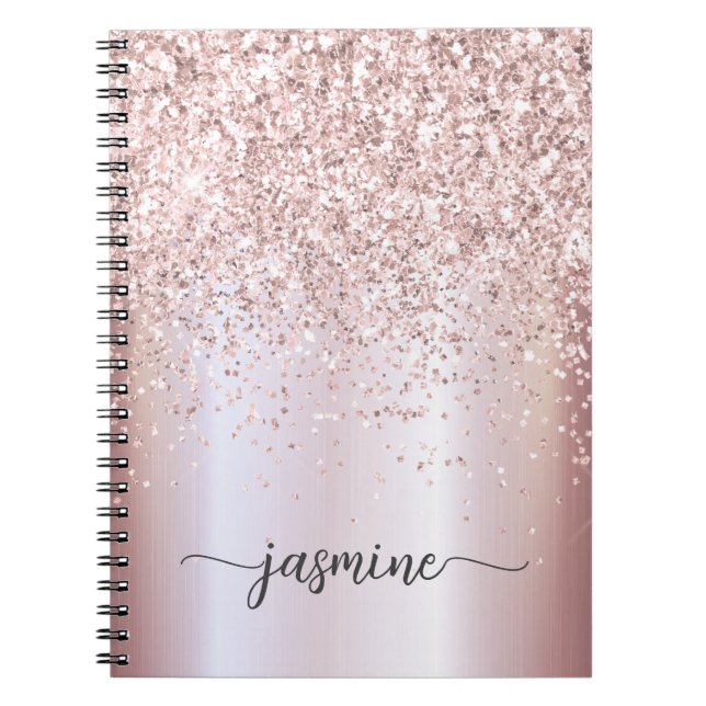 Girly Glam Rose Gold Glitter Monogram Name Script  Notebook (Front)