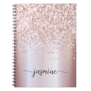 Girly Glam Rose Gold Glitter Monogram Name Script Notebook