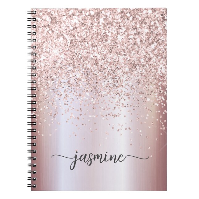 Girly Glam Rose Gold Glitter Monogram Name Script  Notebook (Front)
