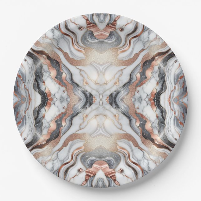 Girly Glam Rose Gold Silver & White Marble  Paper Plate (Front)