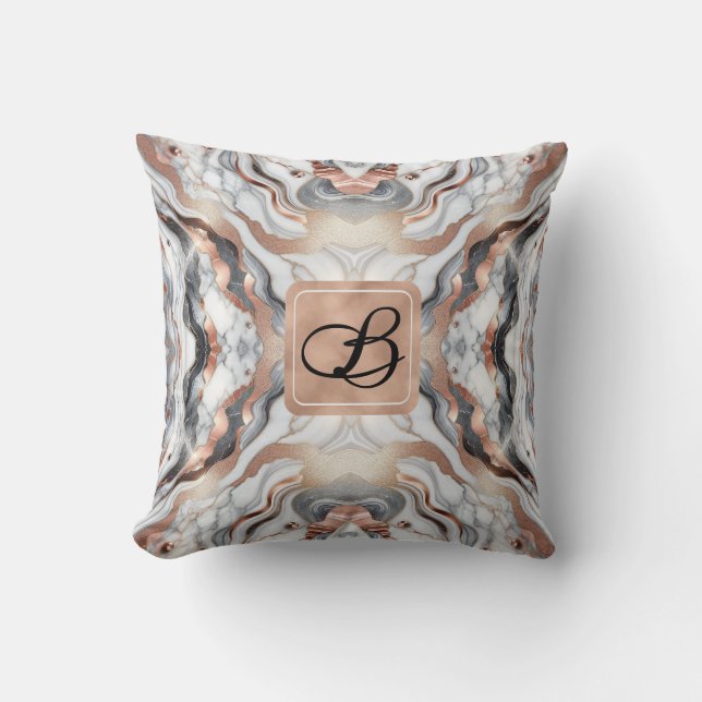 Girly Glam Rose Gold Silver & White Marble  Throw Pillow (Front)