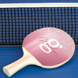 Girly Glam Rose Pink Glitter Monogram Script Name Ping Pong Paddle