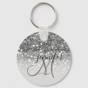 Girly Glam Silver Glitter Luxury Monogram Name Keychain