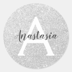 Girly Glam Silver Glitter Sparkles Monogram Name Classic Round Sticker