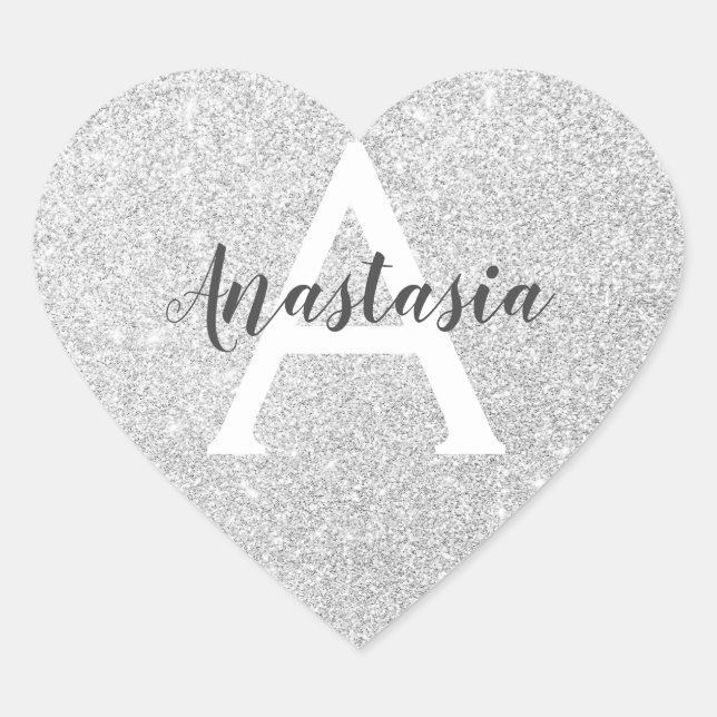 Girly Glam Silver Glitter Sparkles Monogram Name Heart Sticker (Front)
