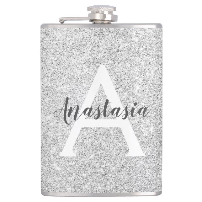Girly Glam Silver Glitter Sparkles Monogram Name Hip Flask (Front)