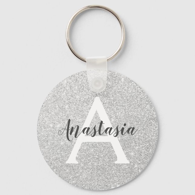 Girly Glam Silver Glitter Sparkles Monogram Name Keychain (Front)