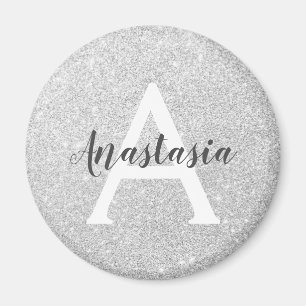 Girly Glam Silver Glitter Sparkles Monogram Name Magnet