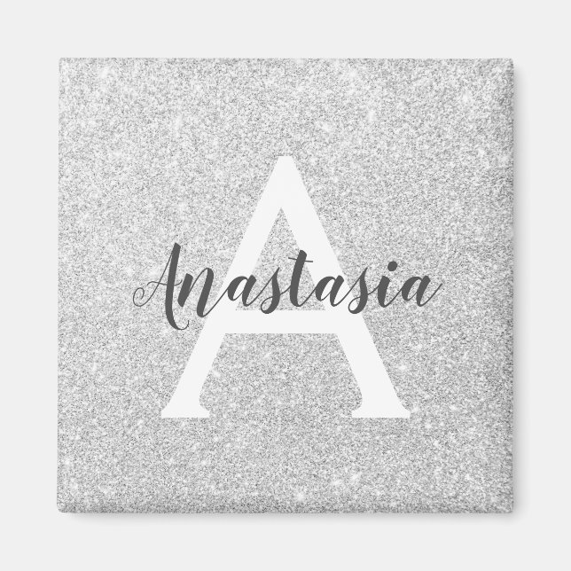 Girly Glam Silver Glitter Sparkles Monogram Name Magnet (Front)