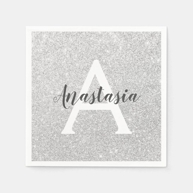 Girly Glam Silver Glitter Sparkles Monogram Name Napkin (Front)