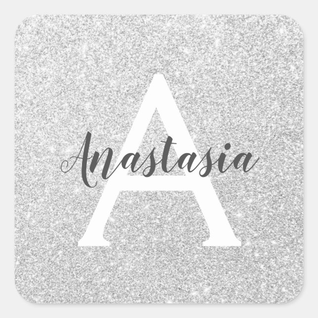 Girly Glam Silver Glitter Sparkles Monogram Name Square Sticker (Front)