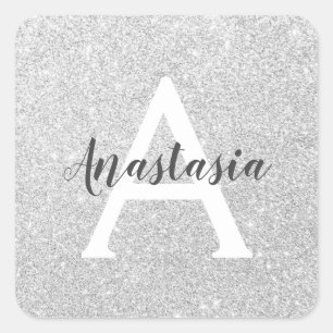 Girly Glam Silver Glitter Sparkles Monogram Name Square Sticker