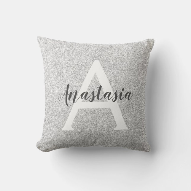 Girly Glam Silver Glitter Sparkles Monogram Name Throw Pillow (Front)