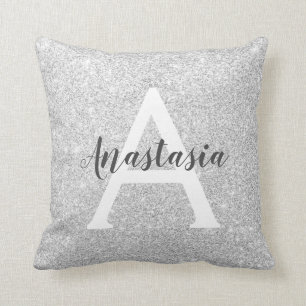 Girly Glam Silver Glitter Sparkles Monogram Name Throw Pillow