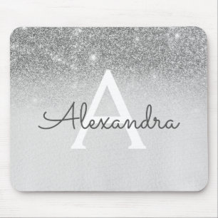 Girly Glam Silver Sparkle Glitter Monogram Ombre Mouse Pad