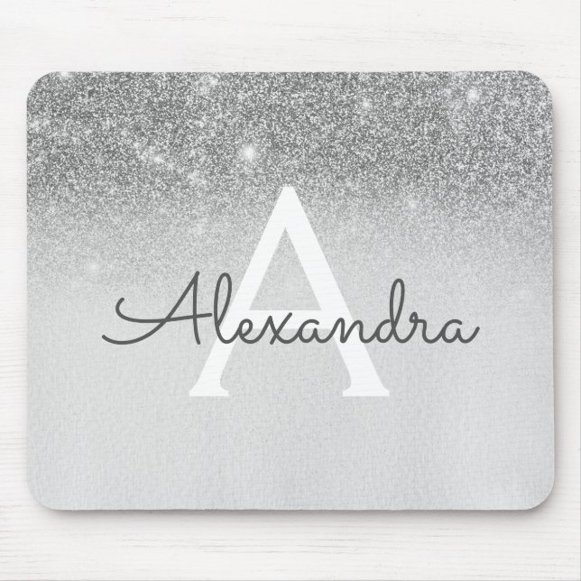 Girly Glam Silver Sparkle Glitter Monogram Ombre Mouse Pad (Front)